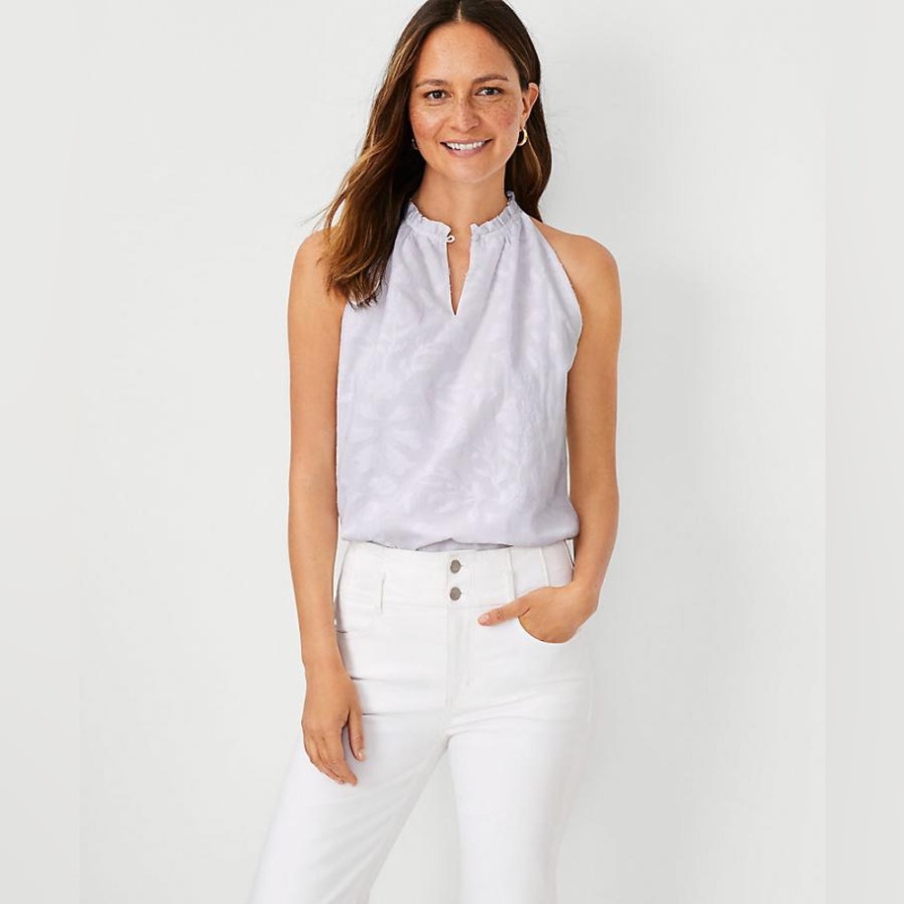 ANN TAYLOR Blouse, Floral Ruffle Split Neck Halter Top White, MEDIUM NWT
